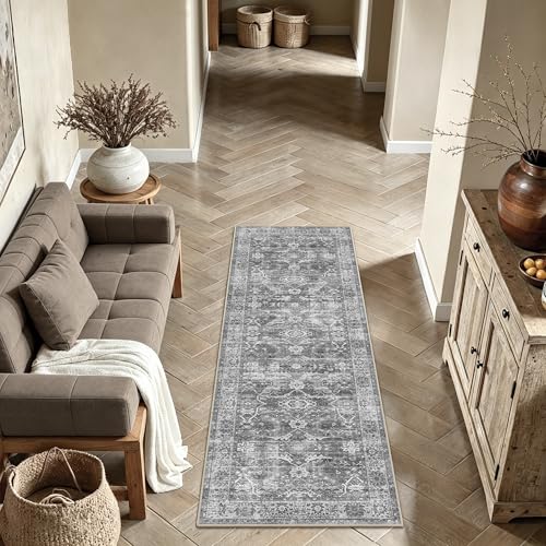 Grey Vintage Washable Runner Rugs for Hallway Kitchen Boho Laundry Rug Low Pile Non-Slip Retro Distressed Accent Throw Carpet for Entryway Bathroom Bedroom - color: Grey, size: 2'*6'(Runner)