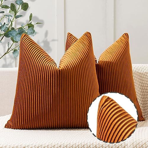 YCOLL Burnt Orange Pillow Covers 26x26 Set of 2 Velvet Striped Pattern - Soft Throw Pillows for Home Decor, Luxury Decorative Pillow Covers for Couch, Bed,Living Room - color: Burnt Orange, size: 26" x 26" (Pack of 2)