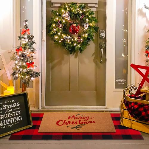 Christmas Red and White Plaid Rug, 24 x 51 Inches Cotton Hand-Woven Layered Door Mat for Front Porch, Entryway, Outdoor Holiday Decor, Washable Buffalo Check Rug for Home, Patio, Kitchen - color: Red & Black Plaid, size: 2' x 4'3" (Rectangular)