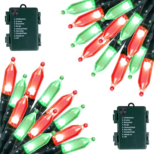 Brightown Battery Operated Christmas Lights 2 Pack 18 Feet 50 LED Clear Mini String Lights with 8 Modes Waterproof Tree Lights for Xmas Outdoor Indoor Holiday Party Garden Decor, Red & Green - color: Red & Green, size: 50 LEDs x 2 Pack