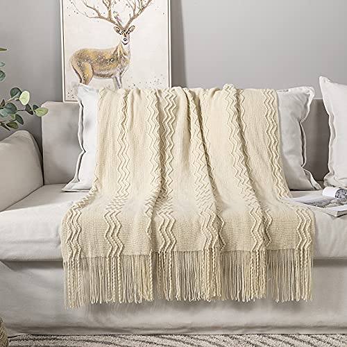 MIULEE Knitted Beige Throw Blanket Soft Sofa Knit Blanket for Couch 50 x 60 Inches, Solid Cozy Lightweight Wave Pattern Decorative Blankets with Tassels for Women - color: Beige, size: 50" x 60"