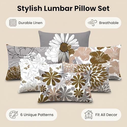 COMMINY Lumbar Throw Pillow Covers 12x20 Inch Set of 6, Brown Grey Pillow Cases for Couch Bed Decor, Farmhouse Daisy Dahlia Lumbar Pillow Cover, Indoor Decorative Cushion Cover Only, No Insert - color: Grey Brown, size: 20" x 12" (Pack of 6)