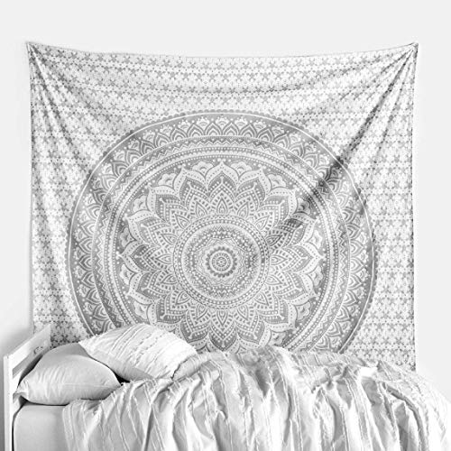 ANJANIYA Ombre Wall Hanging Bohemian Tapestry, Metallic Wall Art Bedspread, Psychedelic Hippie Mandala Dorm Décor for Hanging, Bedding, Beach Coverlet Curtain, Silver, 54"X60" - color: Silver, size: 60"L x 54"W