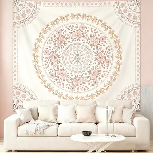 Tichgeim Boho Floral Pink Mandala Tapestry Wall Hanging for Bedroom, White and Pink Aesthetic Tapestries Room Cute Decor for Girls, Hippie Indian Blanket for Dorm Livingroom 61" × 50" - color: Pink White Mandala Tapestry, size: 60"L x 51"W