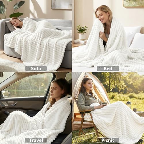 HIMEET Fleece Off White Throw Blanket for Bed - 300GSM Ribbed Cozy Blanket for Couch, Graduation Birthday Gifts for Women Men Her, College Dorm Essentials Boho Aesthetic Room Throws, 50x60 Inches - color: Off White, size: Throw (50" x 60")