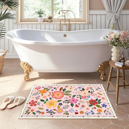 2x3 Feet Floral Area Rug Non-Slip Low Pile Soft Washable Pink Rug for Girls' Rooms, Bedroom, Entryway, Kitchen – Lightweight Easy Clean Modern Decorative Carpet - color: Floral, size: 2'x3'