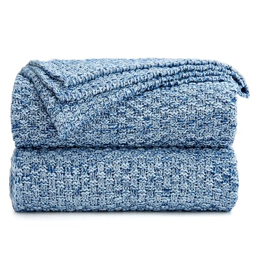 Longhui bedding 100% Cotton Knitted Throw Blanket – Blue White, Soft & Cozy, Machine Washable, 60"x80" – Perfect for Living Room, Couch, Sofa, Bed or Travel - color: Blue White, size: 60" x 80", Oversized