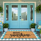 Tinideya 2 Pcs Summer Door Mat 17"x47" Hello Sunshine Welcome Non Slip Coir Blue White Plaid Buffalo Mats Large Floor Layering Doormats Seasonal for Front Porch Entryway Decor(Hello Sunshine)