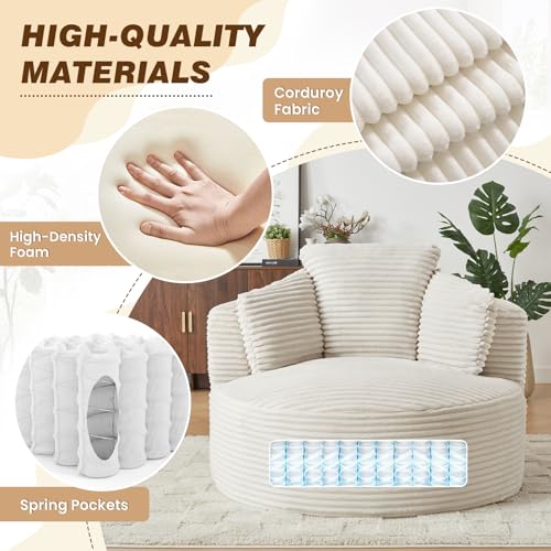 48"W Oversized Round Chaise Longue Chair Indoor,Corduroy Fluffy Comfy Cloud Chair,Circle Bean Bag Sofa with Foam Filling & Pillows,Boneless Reading Cozy Sofa Chairs for Living Room,Bedroom,White - color: White