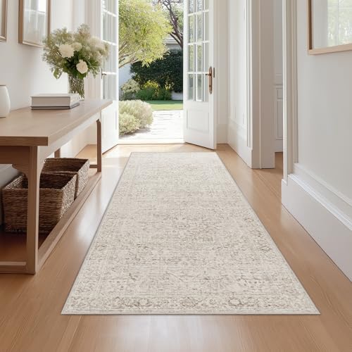 FMFUNCTEX 3x7 Runner Rug Beige Washable Vintage Neutral Oriental Distressed Non Slip Low Pile Indoor Carpet Soft Hallway Entryway Rug for Kitchen Living Room Bedroom Bathroom Laundry Entry Bedside - color: Beige, size: 3' x 7' (Rectangular)