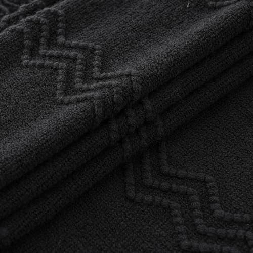 MIULEE Black Knitted Throw Blanket for Couch Textured Knit Blanket with Tassels Cozy Woven Boho Bed Blanket for Sofa Bed Chair Acrylic Wave Pattern 50"x60" - color: Black, size: 50" x 60"