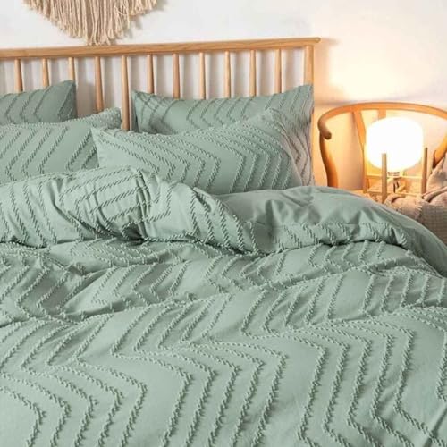 Nanko Sage Green Duvet Cover Queen Size, 3pc Boho Tufted Microfiber Bedding Comforter Cover Set, All Season Aesthetic Shabby Chic Soft Embroidery Textured Geometric Quilt Cover (90x90) - color: Cover(not Comforter)-sage Green Tufted, size: Queen