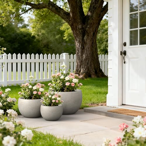 Kante 19.9",15.7",11.8" Dia Round Concrete Planter Set of 3, Outdoor/Indoor Large Bowl Plant Pots with Drainage Hole and Rubber Plug for Garden Patio Balcony Home, Weathered Concrete - color: Weathered Concrete, size: 19.9"D + 15.7"D + 11.8"D