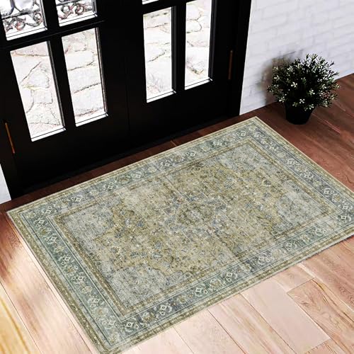 CHAMPLANT Washable Area Rug 2'x3' Door Mat Vintage Distressed Doormat Indoor Entrance Traditional Thin Rug Floral Print Non Slip Carpet for Kitchen Bathroom Bedroom Living Room - color: Aged Floral Green, size: 2' x 3' (Rectangular)