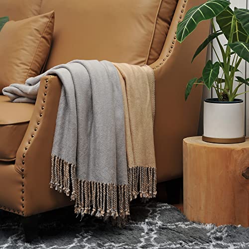 EP Mode Reversible Fringed Mulberry Silk Throw Blanket for Sofa (Light Grey/Beige) - color: Light Grey/ Beige