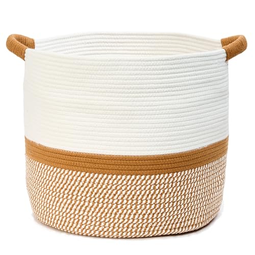 Blanket Basket (16" Dx14 H) - Round Woven Rope Storage for Living Room Throws, Pillows & Laundry- White/Jute Mixed - color: White/Jute Mixed, size: 16" X 16" X 14"