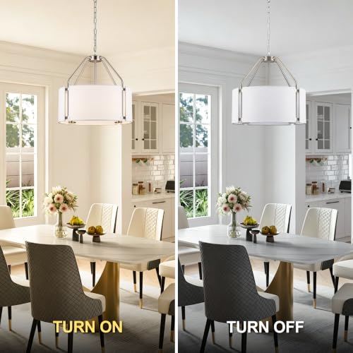 18 Inches Drum Chandeliers, Silver Drum Pendant Light Fixture with White Linen Fabric Shade, White Chandelier Adjustable Modern Farmhouse Hanging Lights for Dining Room Bedroom Kitchen Foyer - color: 18Inch Nickel&White