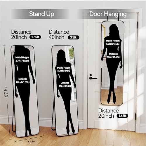 SCWF-GZ 57x16 Full Length Mirror Over The Door Hanging, Floor Stand/Wall Mounted Aluminum Alloy Frame Dressing Mirror for Bedroom Living Room 57 inch Black - color: Black, size: 57"L x 16"W