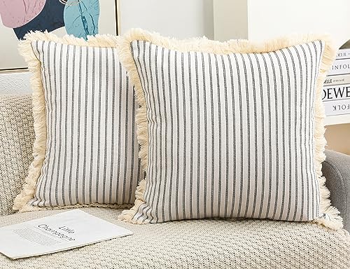 NUYECY Set of 2 Light Grey Boho Throw Pillow Covers 20 x 20,Cotton Neutral Pillow with Tassel Fringe,Decorative Pillow Cover Pillow Case Cushion Cover for Bed Sofa Couch Farmhouse Living Room - color: Stone Grey, size: 20" x 20" (Pack of 2)
