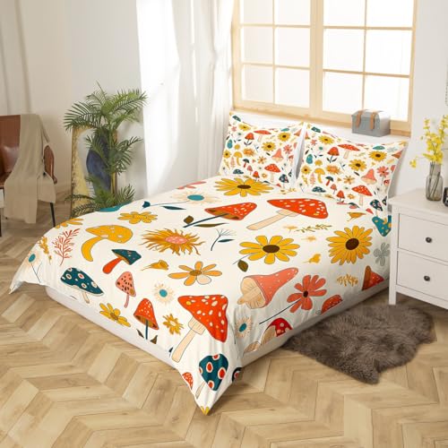Castle Fairy Retro Mushroom Flowers Full Size Duvet Cover Set,70s 60s Groovy Comforter Cover with 2 Pillowcases,3pcs,Vintage Boho Plant Floral Polyester Bed Spread for Boys Teens Bedroom Decor - color: Multi 07, size: Full 80"x90"
