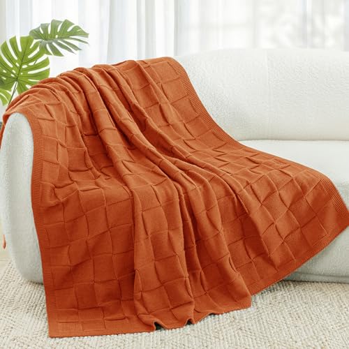 Whale Flotilla Checkered Knit Throw Blanket for Couch, Soft Decorative Knitted Blankets for Sofa Bed, Lightweight Cozy Throws for Spring Summer, 50x60 Inch, Burnt Orange - color: Burnt Orange, size: 50x60 Inch