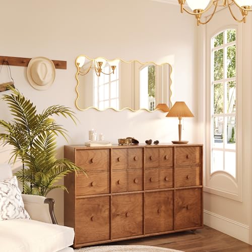 Kelly Miller 24x48 Inch Gold Scalloped Mirror, Large Rectangular Wavy Edge Bathroom Vanity Wall Mirror Decorative for Bedroom Living Room Entryway Fireplace Mantle - size: 48"L x 24"W