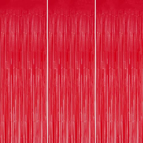 DECOCKRAT 3 Pack Foil Fringe Backdrop - Pastel Red Shiny Tinsel Curtains for Party Decoration/Photo Booth Props - 3.3x8.2 FT Metallic Foil Backdrop for Birthday, Wedding, Graduation, Christmas. - color: Pastel Red