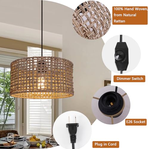 HuisMier Plug in Pendant Light with Hand Woven Rattan Lampshade, Dimmable Hanging Lamp with 15 FT Plug in Cord, Boho Pendant Light Fixture for Bedroom Kitchen Island Dinning Table - color: Beige Drum