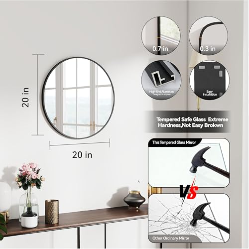 SCWF-GZ 20" Round Mirror Circle Wall Mounted Hanging or Against Wall Metal Frame Dressing Make-up Mirrors for Entryway Bedroom Bathroom Living Room 20 inch Black - color: Black, size: 20"L x 20"W