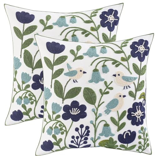 Embroidered Throw Pillow Covers 18x18 Pack of 2 Birds Pillow Covers Green Leaves with Floral Pillowcases Farmhouse Pillow Cushion Cases Square Navy Blue Flower Pillow Case Summer Home Decor - color: Green Leaves With Birds