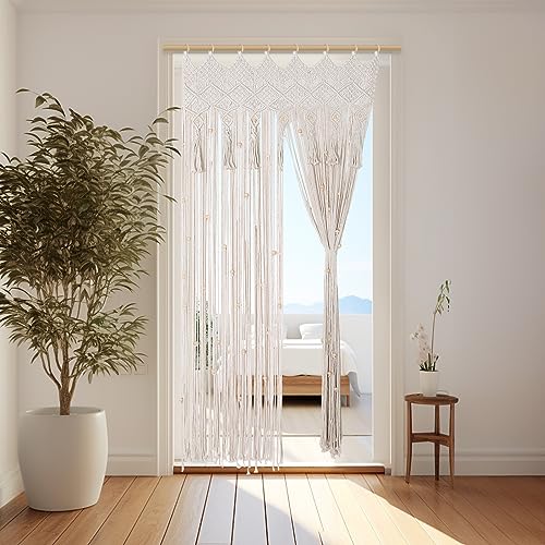 BECHAEO Boho Macrame Beaded Curtain Handmade Door String Curtain for Doorway Window Cotton Tassels Beads Hanging Room Divider Hallway Closet Bedroom Living Room Decor, White - 2 Panels 35" W x 79" L - size: 35"W x 79"L (Pack of 2)