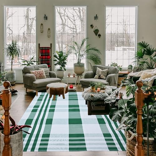 Christmas Plaid Outdoor Rug, 4' x 6' Green&White Checkered Indoor/Outdoor Area Rug, Layering Rug for Hello/Welcome Door Mat, Machine Washable Cotton Woven Rug for Farmhouse Front Porch, Entryway - color: Green & White Plaid X, size: 4' x 6' (Rectangular)