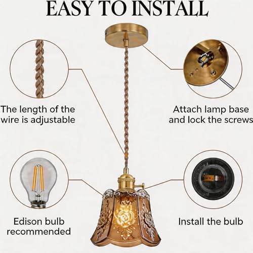 Amber Wind Chime Glass Pendant Light, 2 Natural Light Bulbs Included, Adjustable Cord with Switch, Hanging Lamp for Kitchen Island/Dining Room - color: Amber 2pcs Flower Pendant Light