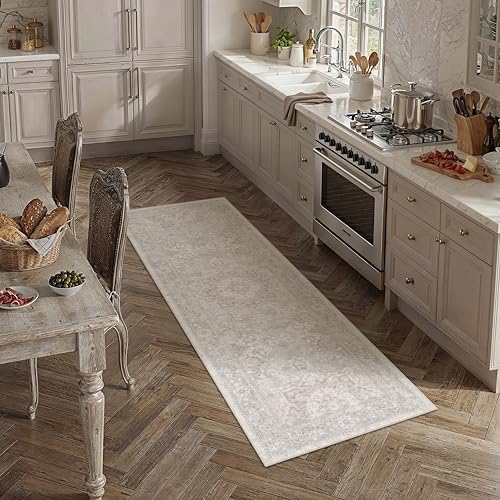 PureCozy Gray Runner Rug 2x6 Hallway Washable Vintage Carpet for Kitchen Non Slip Soft Low Pile Indoor Retro Oriental Medallion Grey Accent Throw Long Rug Rug for Bathroom Laundry Dining Room - color: Grey, size: 2' x 6' (Runner)