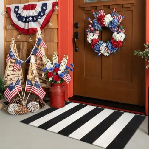 LEEVAN Black and White Rug 2X3, Washable Black Door Mat Cotton Woven Front Porch Rugs, Layered Door Mats Outdoor Welcome Indoor Door Mats, Farmhouse Go Away Doormat Door Mat Indoor Entrance Rug - color: Black and White Stripes, size: 2' x 3' (Rectangular)