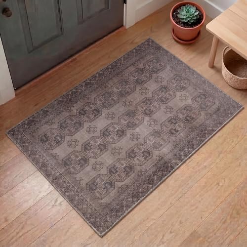Kuden 2x3 Small Rug, Machine Washable, Non-Slip Backing, Vintage Style, Soft, Low Pile, Area Rugs for Entryway Kitchen Indoor Entrance - color: Brown, size: 2' x 3' Rectangular