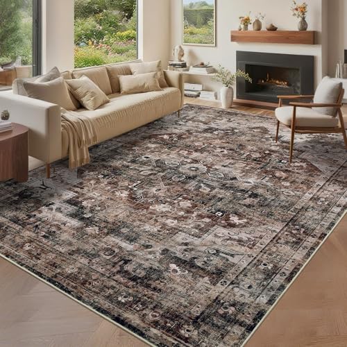 GarveeHome 10x13 Washable Rugs for Living Room Vintage Area Rug Non Slip Low Pile Distressed Rug Stain Resistant Bedroom Rug Indoor Floor Carpet for Dining Room Home Decor Brown - color: Brown, size: 10' x 13' (Rectangular)