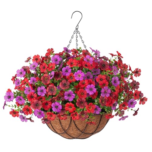 Artificial Silk Flowers Hanging Baskets Outdoors Indoors, Daisy with Eucalyptus Leaves Arrangement for Garden Yard Spring Summer Decor Faux Green Plant Metal Coconut Lining (Red Purple Red Brown) - color: Red Purple & Red Brown