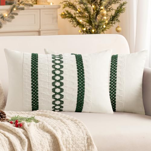 MIULEE Set of 2 Dark Green Boho Christmas Decorative Lumbar Pillow Covers 12x20 Inch Farmhouse Rustic Couch Throw Pillows Modern Cotton Cushion Cover Retro Macrame Woven Home Decor for Bed Sofa Chair - color: Dark Green, size: 20" x 12" (Pack of 2)