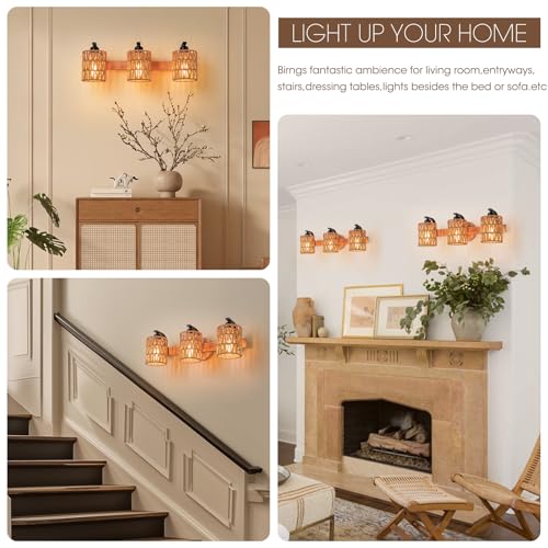 Boho Vanity Light Fixtures,Bathroom Lights Over Mirror,Rustic Rattan Wall Sconce with Woven Cage,3-Light Boho Wall Mounted Light Wooden Farmhouse Vanity Lighting for Bedroom Hallway Living Room Foyer - color: Cylinder shade
