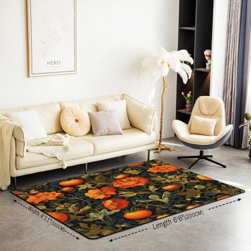 Erosebridal Boho Floral Area Rug 6'6" x 4'11" Vintage Leaves Living Room Rugs Nature Wild Botanical Decorative Carpet Orange Green Indoor Floor Mat - color: Black Orange, size: 4'11" x 6'6" (Rectangular)