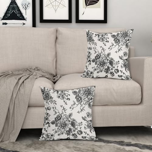Black Floral Pillow Covers 18x18 Inch Vintage Flower Black White Decorative Throw Pillow Covers Set of 2 Farmhouse Pillowcases Cotton Linen Square Cushion Covers For Couch Bed Sofa Chair Car Decor - color: Black, size: 18" x 18" (Pack of 2)