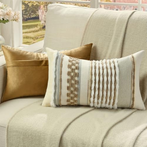 FUTEI Pack of 2 Boho Chenille Decorative Throw Pillow Covers 12x20 Inch Soft Plush Tufted Striped Textured Pillow Case,Farmhouse Accent for Couch Bed Living Room, Coffee - color: Coffee, size: 20" x 12" (Pack of 2)