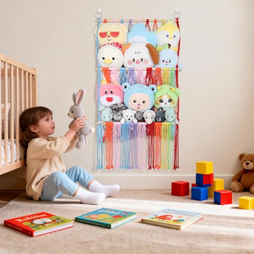 2 Tier Stuffed Animal Storage Shelf Net, 17x32Inch Large Stuffed Animal Organizer Holder Display for Mini Medium Stuffy, Rainbow Boho Macrame Wall Plushies Stuffy Storage for Nursery Decor - color: Rainbow, size: Large-2 Tier-17x32 Inch