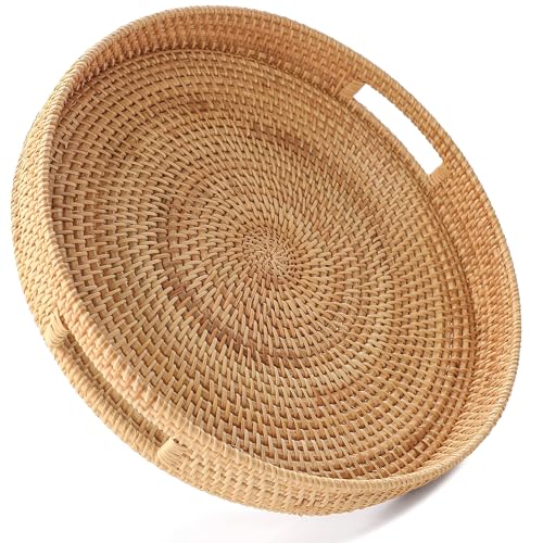 HITOMEN 11.8" Hand-Woven Round Rattan Serving Tray Decorative Wicker Trays with Handles for Coffee Table (Natural-M) - color: Natural, size: Medium (11.8 inches)