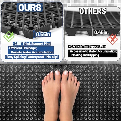 12Pcs Drainage Interlocking Floor Tiles 11.8" x 11.8", Modular Interlocking Cushion Soft PVC Floor Non-Slip Splicing Waterproof Mat for Drain, Pool, Shower, Patio, Balcony, Bathroom, Kitchen, Yard - size: Black-12x12inch