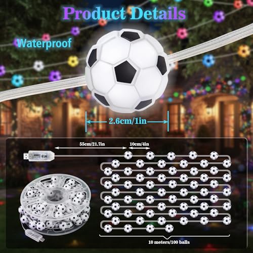 Soccer Ball String Lights - 10ft USB-Powered, 100 LED Warm White Balls, Soccer Party Decorations for Enthusiastic Fans, Sports Decorative Lights, Birthday Decorations, Soccer Gift - color: white
