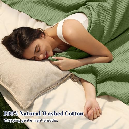 PHF Pre-Washed 100% Cotton Waffle Weave Blanket King Size for Bed,Snag Proof Throw Blanket for Couch Spring Summer Lightweight Breathable,Machine Washable, Home Decor Gift - Loden Green - color: Loden Green, size: King(104" x 90")