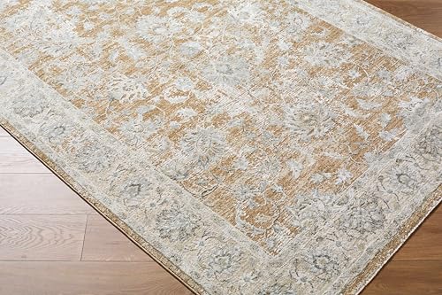 Hauteloom Borah Area Rug - Floral Border Medallion Damask Distressed - Traditional Oriental Transitional Oushak Farmhouse - Light Brown, Cream, Medium Brown, Tan, Gray - 7'10" x 10'2" - color: Light Brown, Cream, Medium Brown / Kerem, size: 7'10" x 10'2"