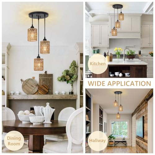 LAMSU 3 Lights Rattan Pendant Light, Farmhouse Dining Room Light Fixtures Ceiling Hanging, Boho Pendant Lighting with Hand Woven Wicker Shades for Kitchen Island Living Room Bedroom Foyer Hallway - size: 3 Lights